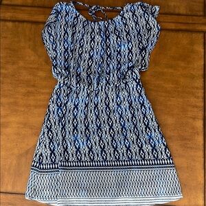The Limited Blue and White Ikat Print Blouson Split Sleeve Dress